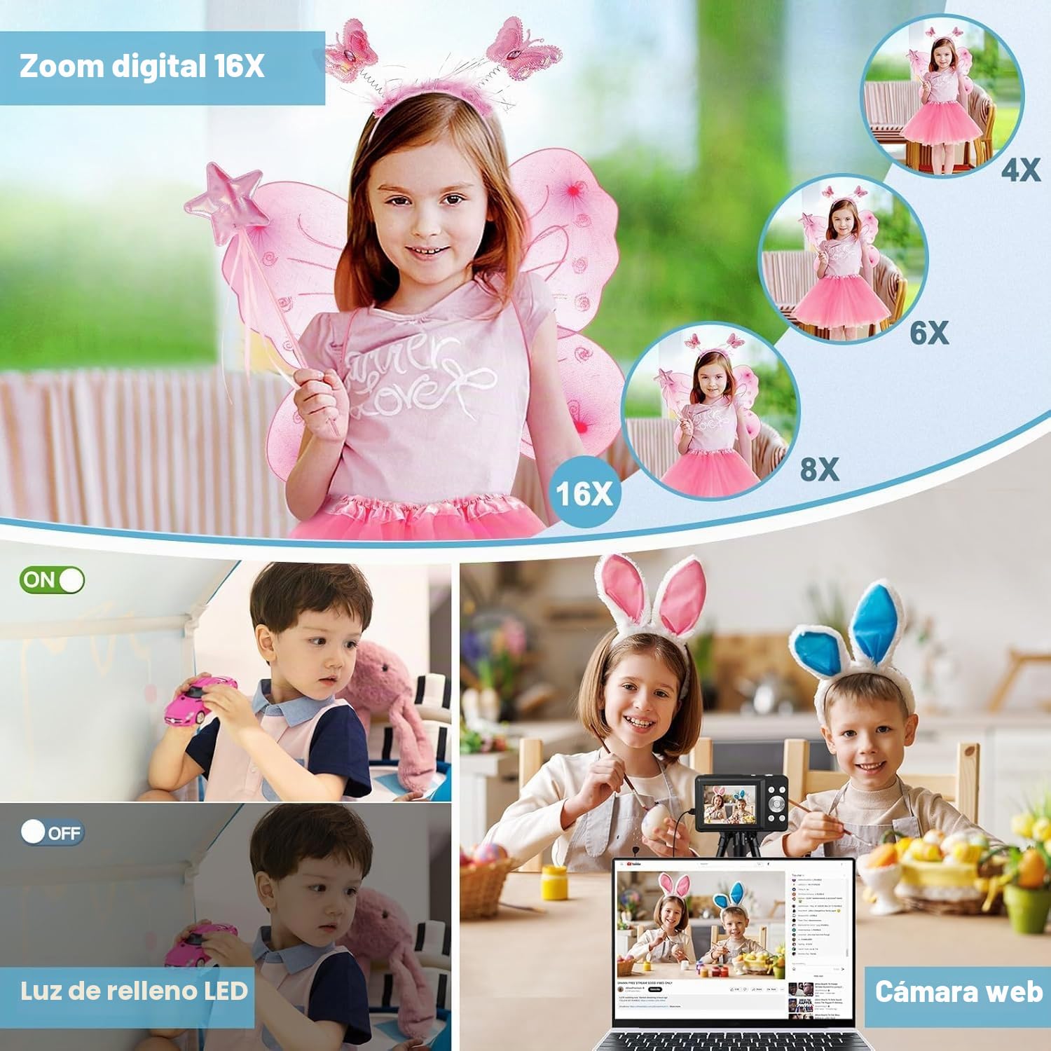 Cámara digital 1080P 44MP cámara de fotos con zoom digital 16X, cámara compacta portátil para vlogging cámara digital para niños, adolescentes y principiantes, color negro