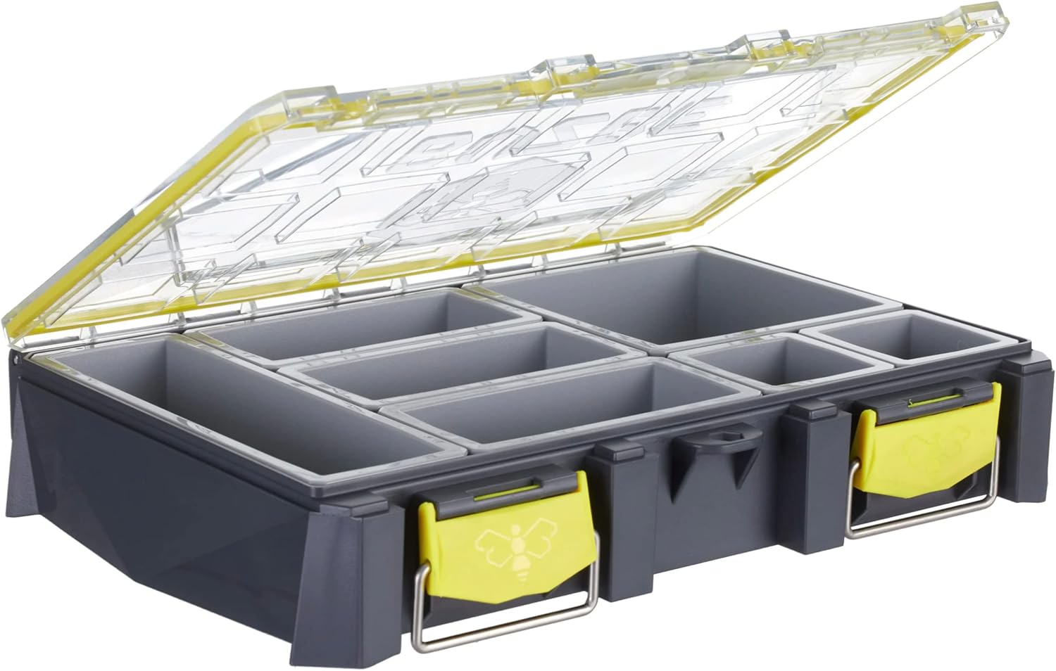 BUZBE Colony 15 Modular Tackle Box, Customizable Waterproof Plastic Organizer, Fishing Tackle Storage, Small Parts Box, Grey and Yellow
