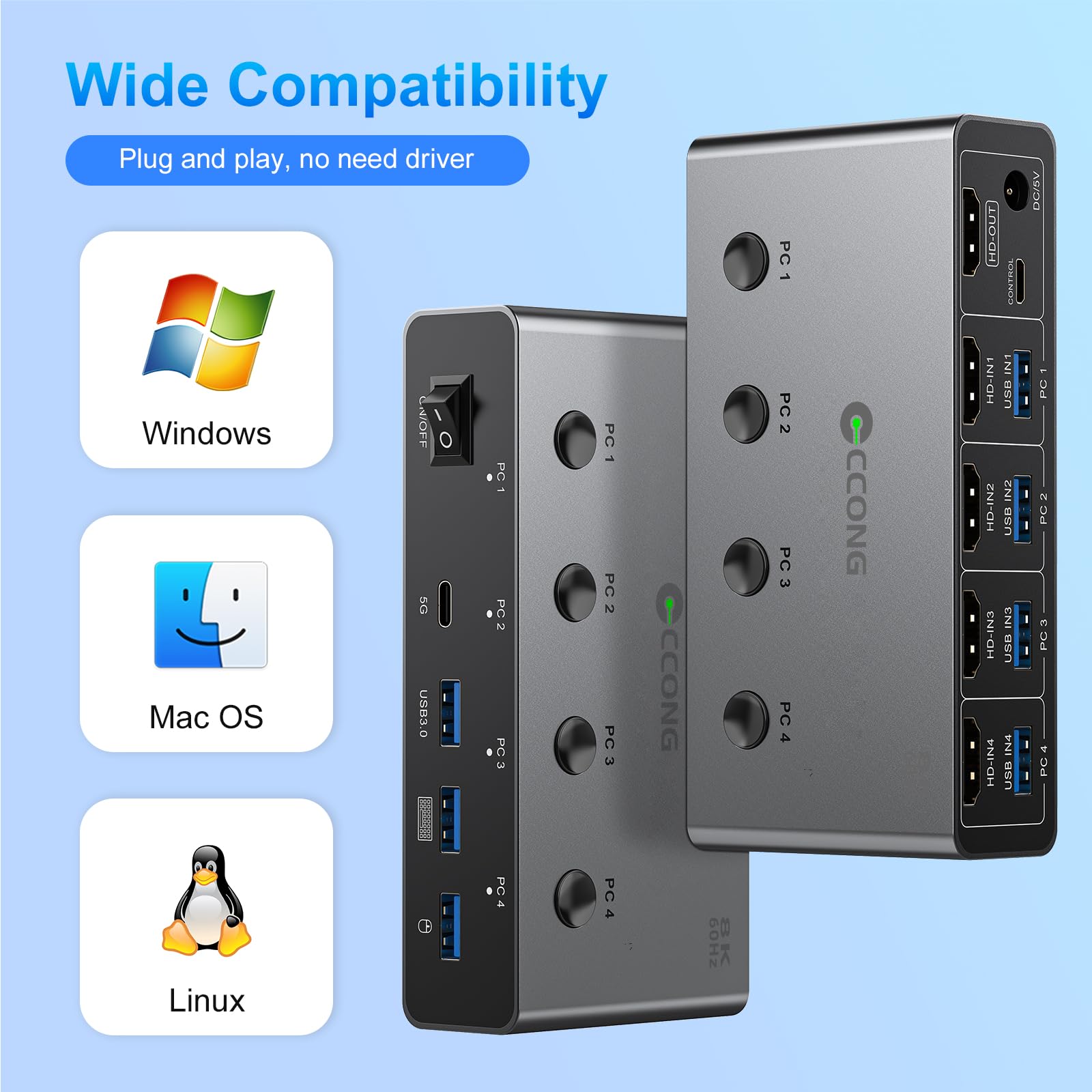 Przełącznik KVM 5G USB3.0 HDMI 8K przy 60 Hz do 4 komputerów, udostępnianie 1 monitora, przełącznik KVM 4 porty z 3 portami USB 3.0 + 1 portami USB-C do udostępniania myszy klawiatury, obsługa