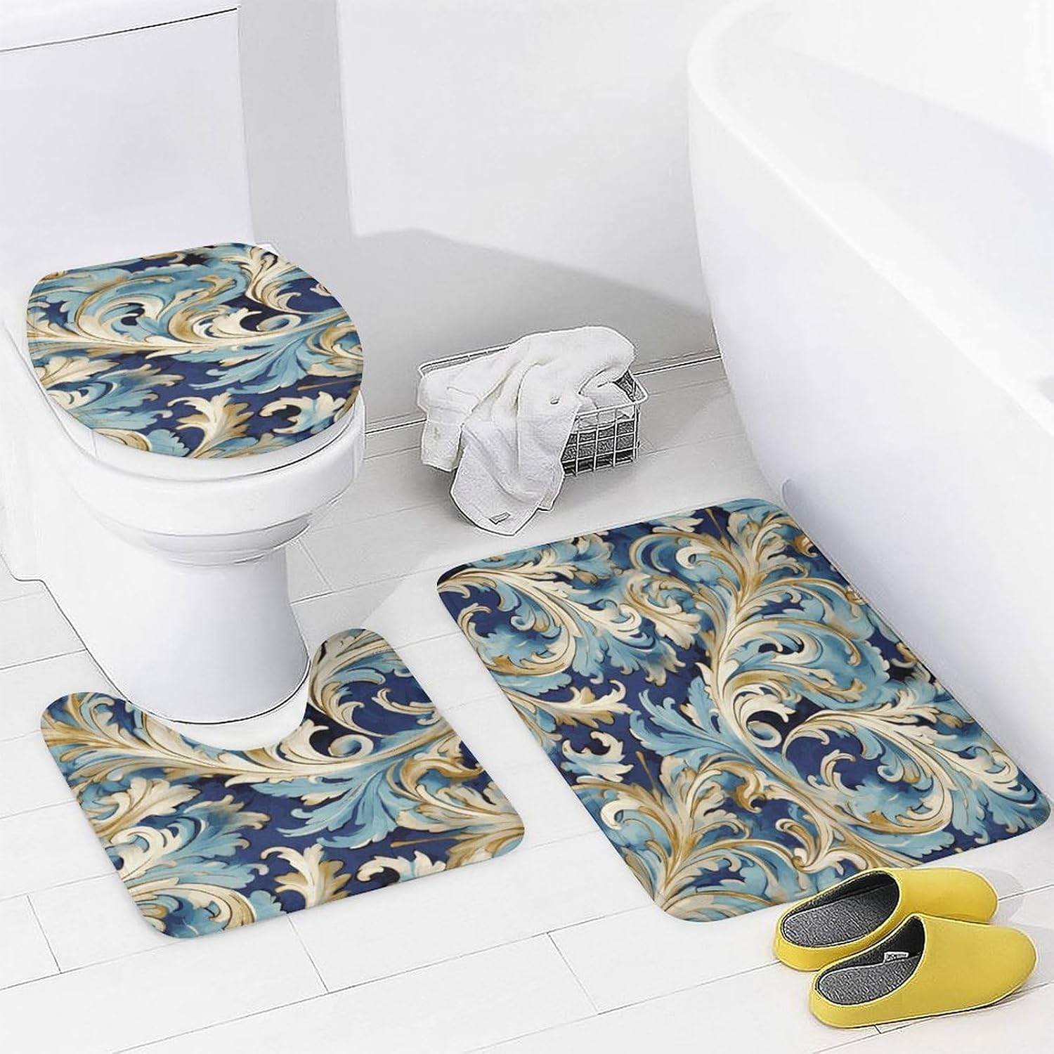 Elegant Blue Gold Florentine 4Pcs Shower Curtain Set with Non-Slip Rugs, Toilet Lid Cover and Bath Mat,Bathroom Set Decor Accessories,Curtain Set with 12 Hooks, 72 X 72 Inch