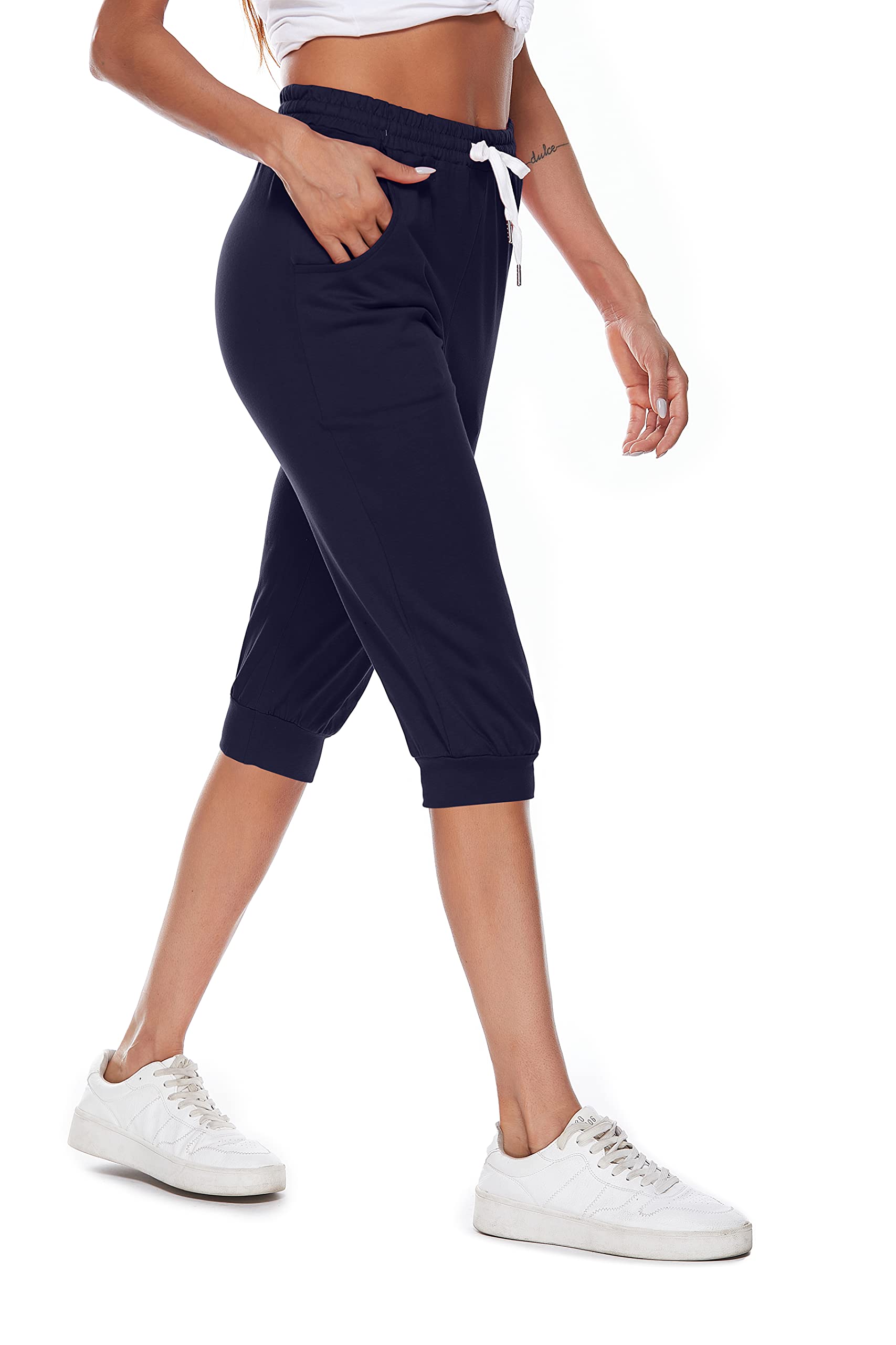 Pantacourt Femme Sport 3/4 Pantalon de Jogging Coton Léger Capri Pantalon Survêtement Yoga Gym Running Pantalons avec Poches