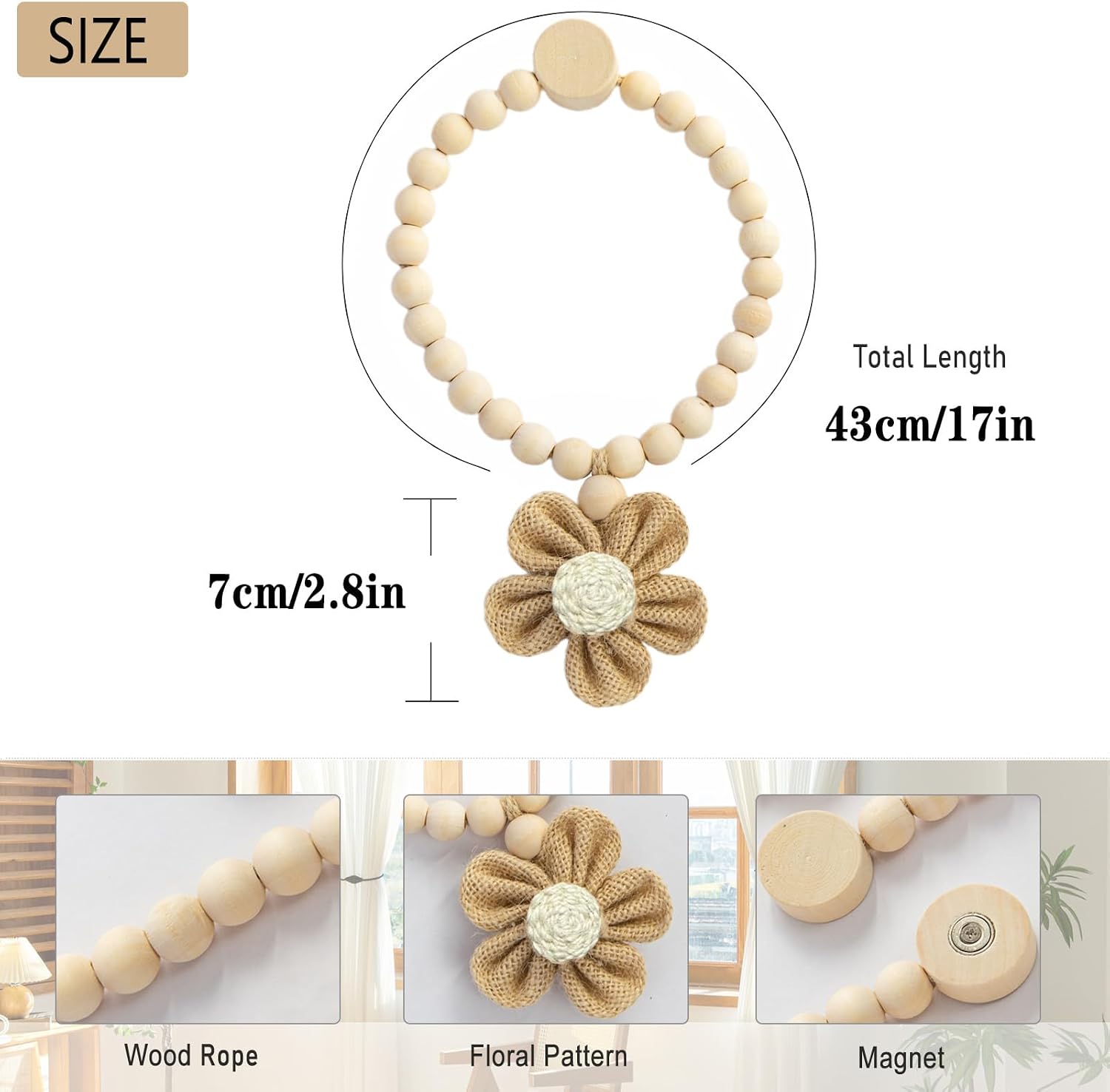 Wooden Beaded Curtain Ties, 2Pack Magnetic Curtain Tiebacks with Fabric Flower Pendants, Curtains Holders for Windows and Home Decor, Dark Beige