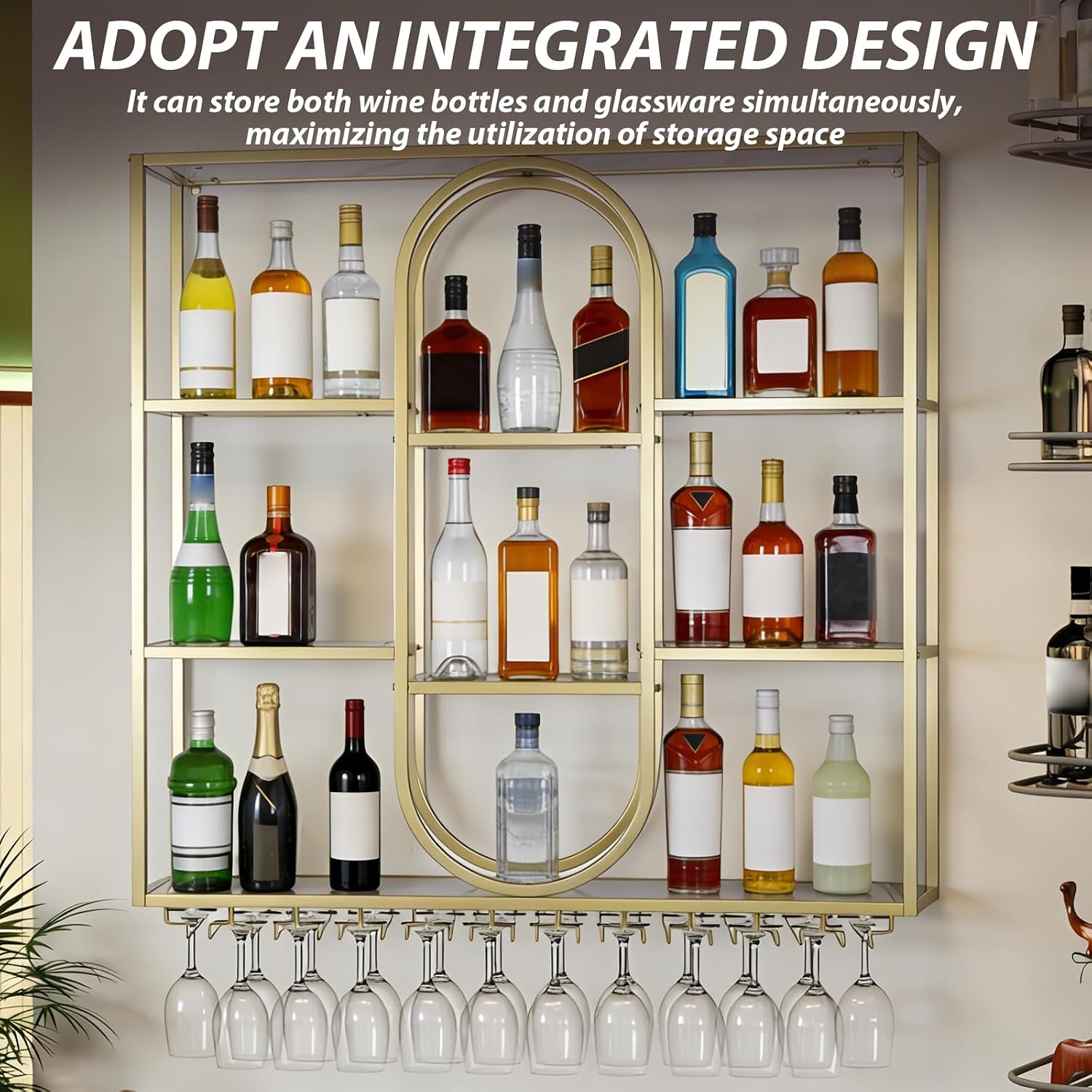 47in 3-Tier Floating Liquor Bottles Shelves w/Glass Holder (Gold) image 3