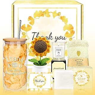 Gift Baskets for Women, Thank You Gifts for Women, Appreciation Gifts for Teachers, Coworker, Employee, Boss, Nurse, Retirement Gift for Woman, Employee Appreciation Box with Crochet Sunflower