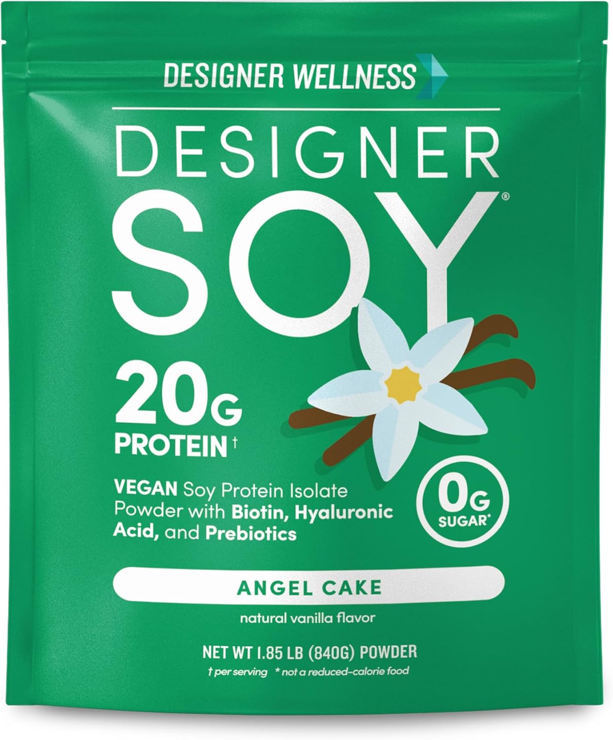 Designer Wellness, Soy Isolate Protein Powder with Biotin, Hyaluronic Acid, and Prebiotics, Vegan, 0 Sugar, Non-GMO, Angel Cake Vanilla, 1.87 lb