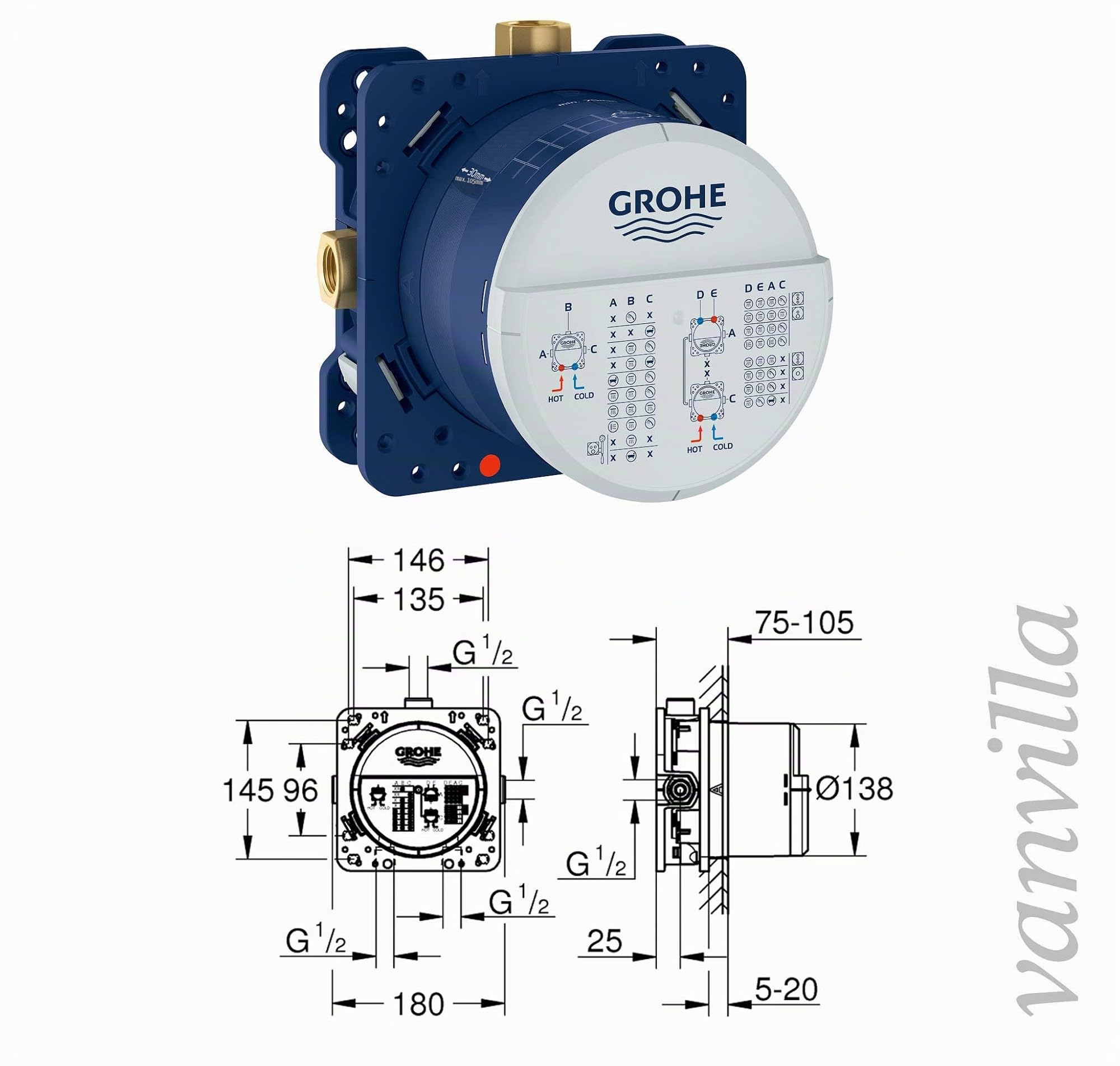 vanvilla Duschsystem mit Unterputz Duscharmatur von GROHE Smartcontrol Thermostat und vanvilla Regendusche mit Armatur mit Thermostat, Duschkopf eckig, Dusch-Set G02 poliert