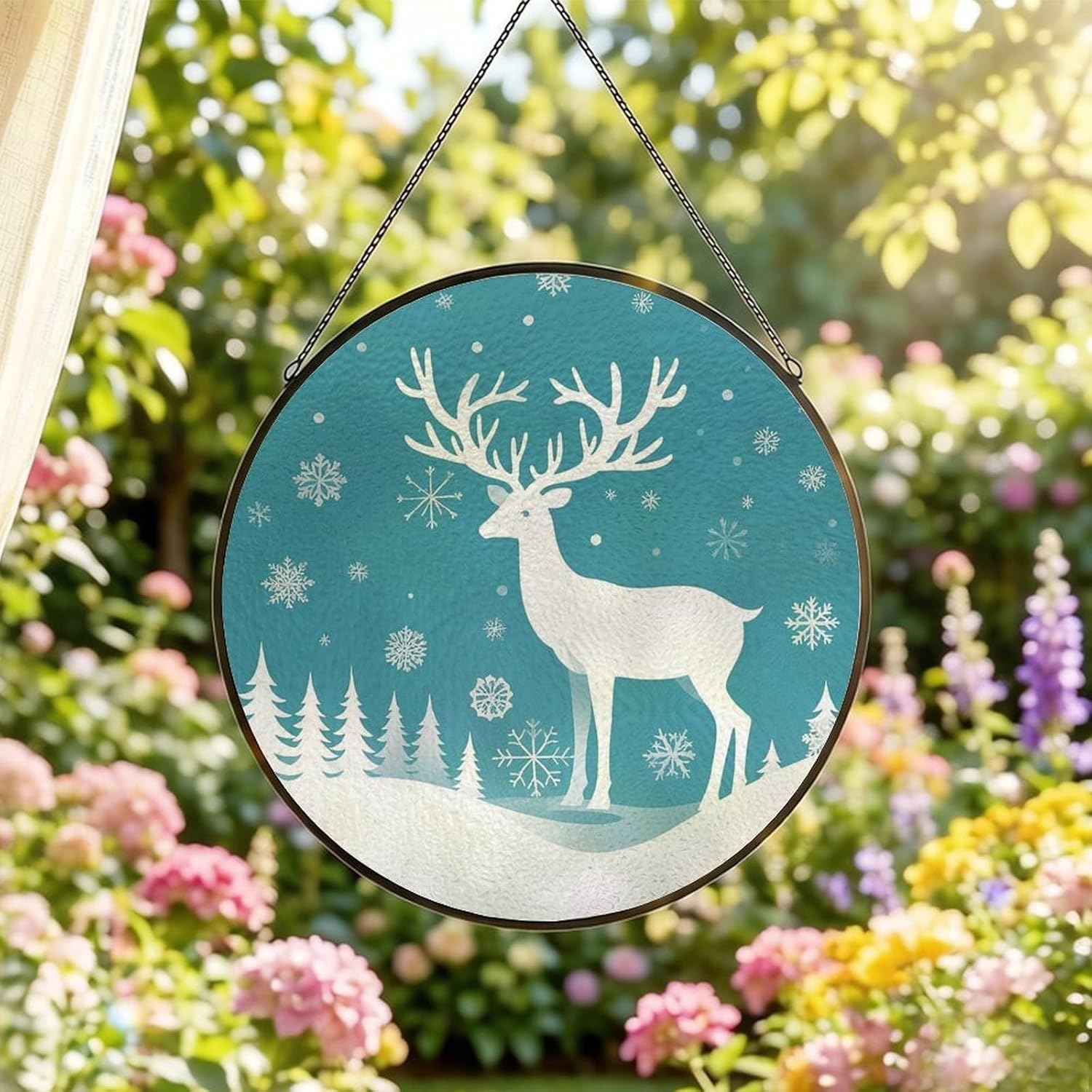 Stained Glass Hanging Sign Suncatcher, Christmas Deer and Snowflakes