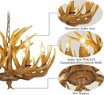 Antler Chandelier, Deer Antler Chandelier 6 Lighting, Antler Chandelier Resin Deer Horn with a 47in Chain, Rustic Farmhouse Antique Resin Antler Chandelier for Kitchen, Living, Dining Room