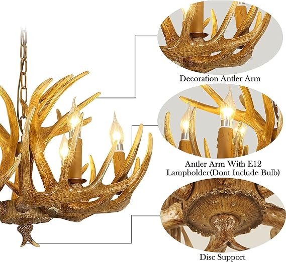 Antler Chandelier, Deer Antler Chandelier 6 Lighting, Antler Chandelier Resin Deer Horn with a 47in Chain, Rustic Farmhouse Antique Resin Antler Chandelier for Kitchen, Living, Dining Room