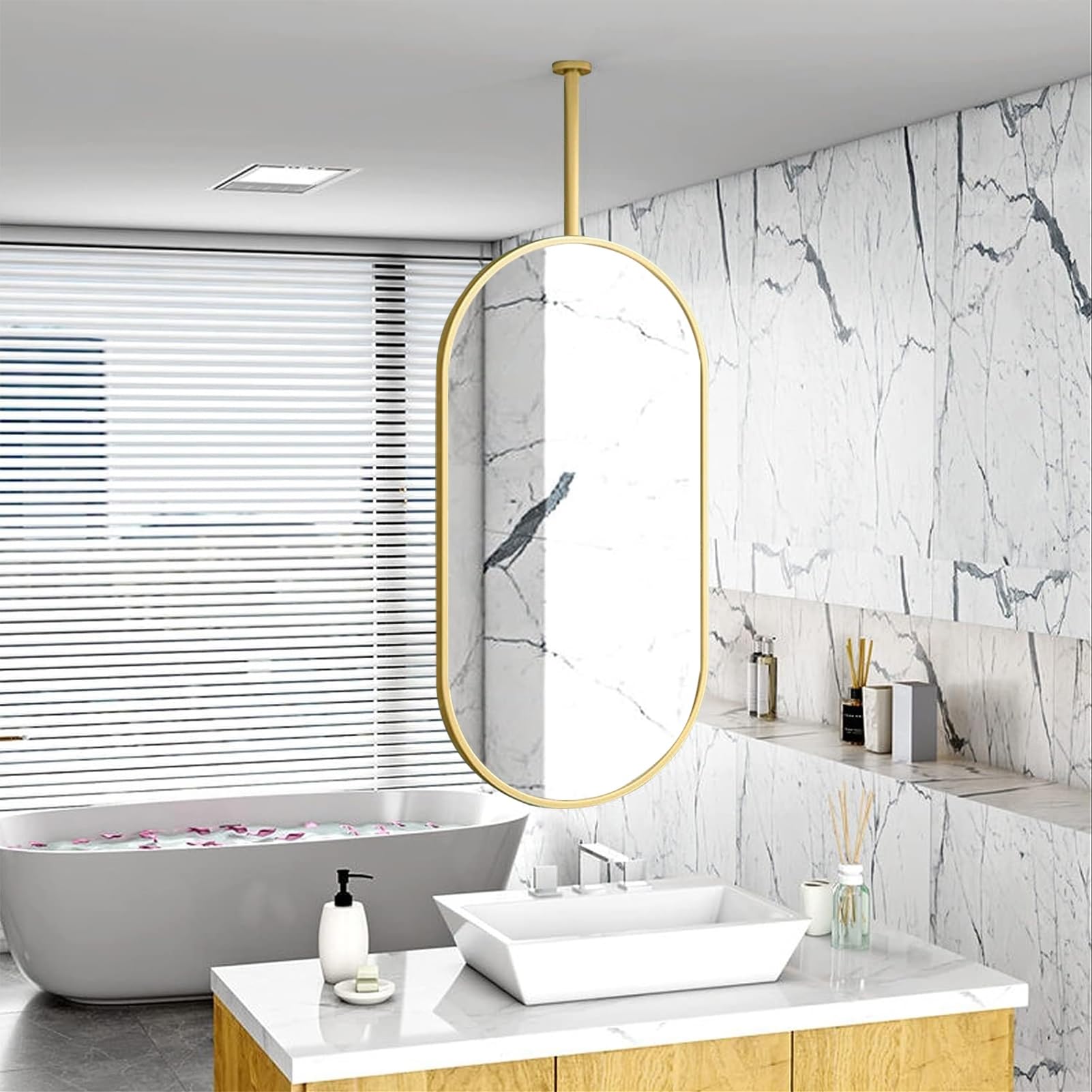SBCGFY Modern Oval WallMounted Ceiling MirrorDecorative Hanging Makeup Mirror with Metal Frame for Home Bathroom & VanitySleek Design for Stylish Interiors(40cmx70cm)