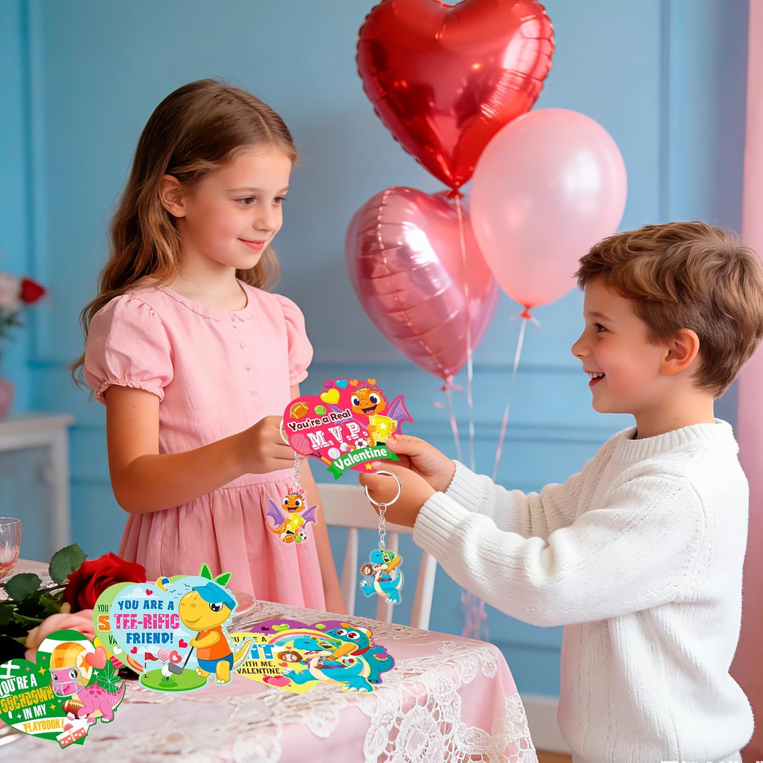HOWAF Valentines Day Gifts for Kids, 24 Dinosaur Sports Theme Valentines Cards for Kids Classroom and 24 Keychains,Valentines Day Cards for Kids School Boys Girls Exchange Valentines Party Favors