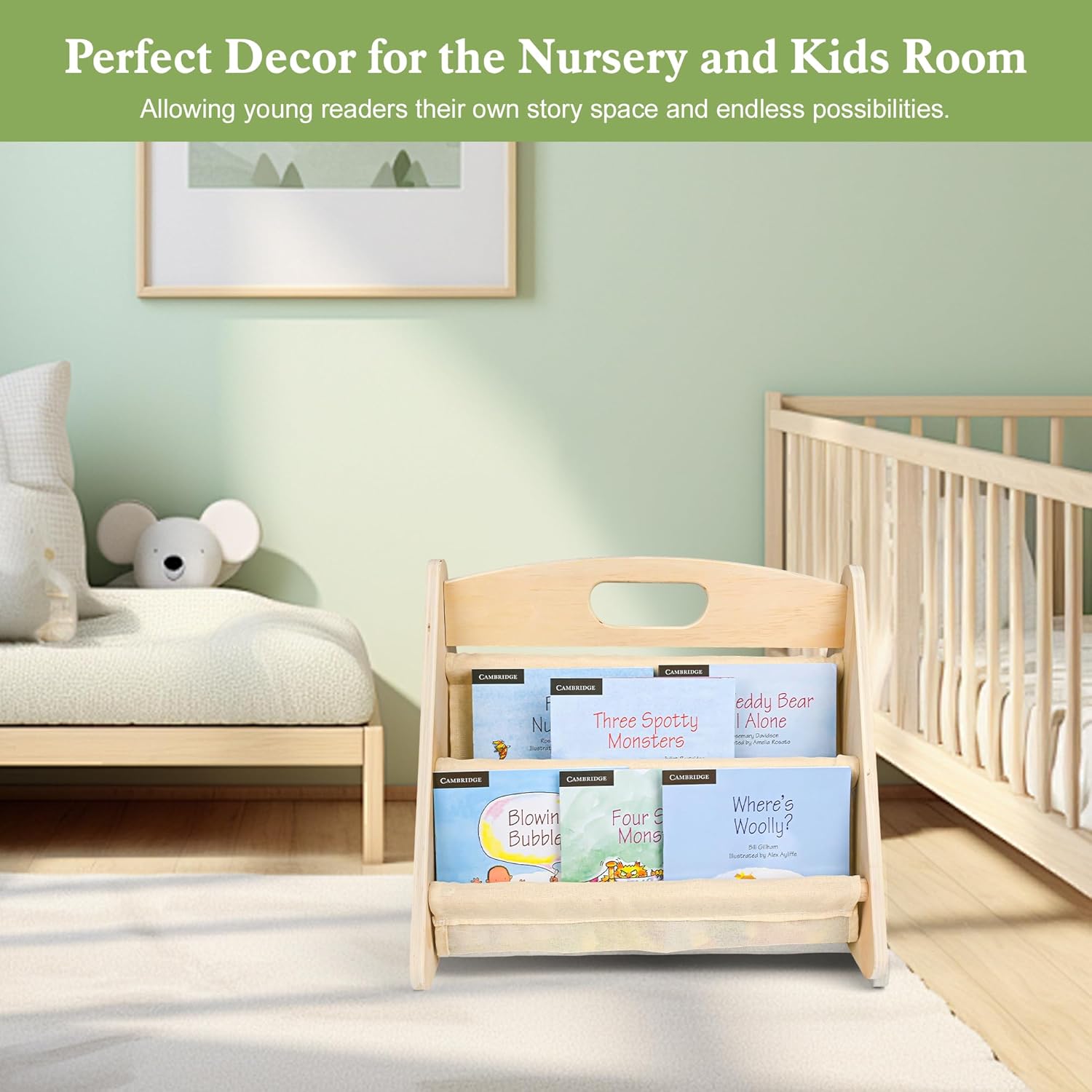 AZSKY Double-Sided Toddler Bookshelf for Kids, Montessori Bookshelf to Display Books, Sling Book Rack Organizer, Playroom Classroom Nursery Book Shelves, Wooden Kid Bookcase for Baby Girl Boy（Beige）