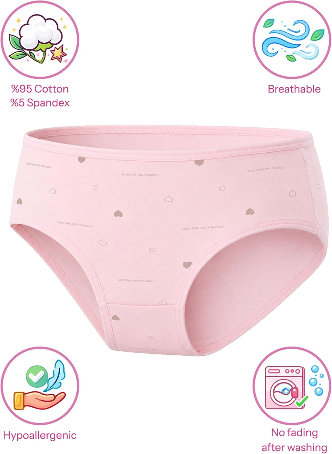 Donella Girls' Soft Cotton Underwear - Kids Bikini Brief Panties with Dainty Heart Prints for Girls and Toddlers 5-Pack, Assorted Pastel Colors, Age: 10-11