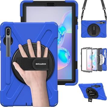 BRAECN for Samsung Galaxy Tab S6 case 10.5 Inch 2019 with S Pen Holder,Heavy Duty Drop Protection Rugged Case with [Hand Strap][Rotating Stand][Shoulder Strap],No Support Samsung Key BoardBlue