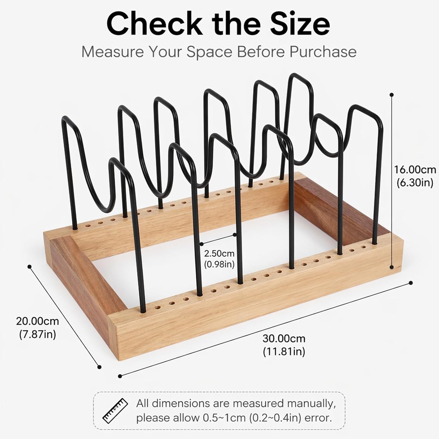 Pot Lid Organizer for Cabinet, Acacia Wood Pot and Pan Organizer with 5 Storage Slots, Metal Lid Rack for Countertop, Pans, Bakeware and Cutting Boards
