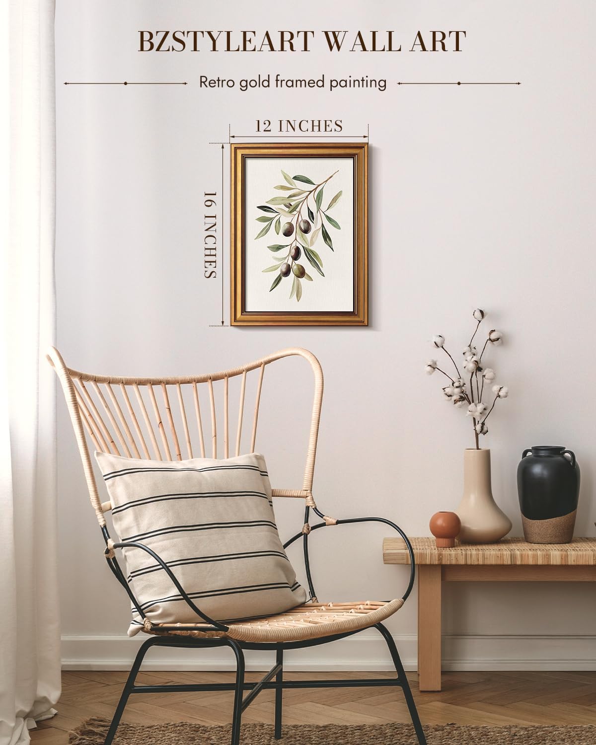bzstyleart vintage wall art decor for bedroom, watercolor olive branch botanical wall art, gold framed artwork, vintage botanical prints, room decor aesthetic for kitchen, 12 x 16 inch
