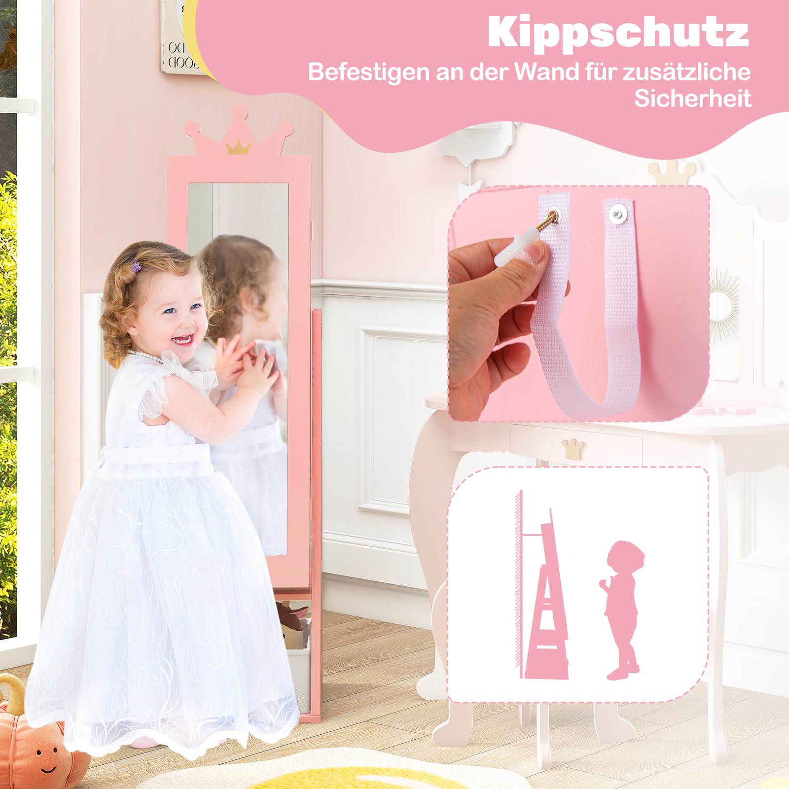 COSTWAY Kinder Schmuckschrank, 3 in 1 Spiegelschrank neigbar mit Ganzkörperspiegel & Aufbewahrungskorb, Schmuck-Organizer in Kronenform für Kinder ab 3 Jahren (Rosa)