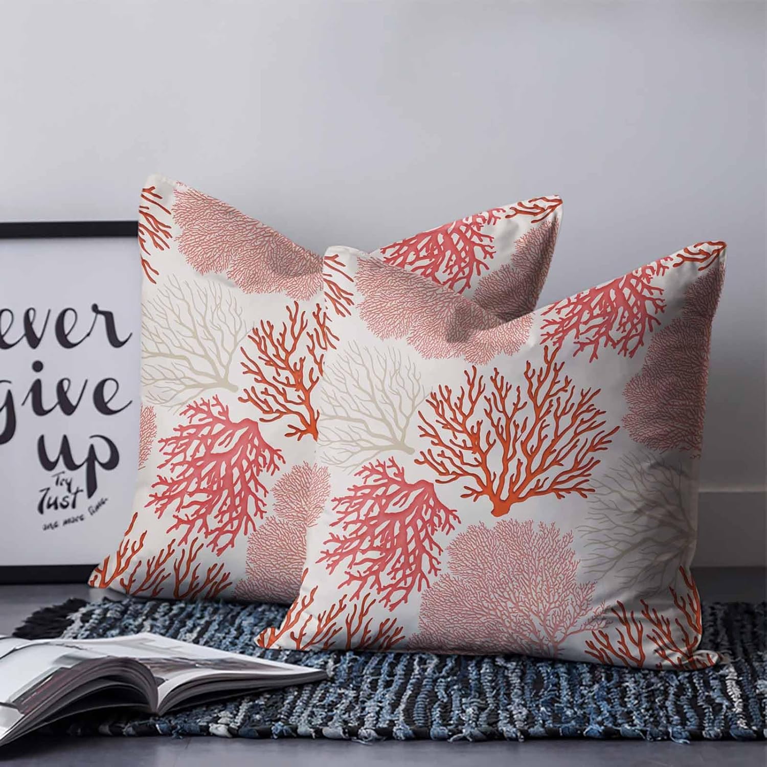 26x26 Pillow Covers Set of 2, Red Coastal Throw Pillow Covers Decorative Couch Cushion Case, Vintage Coral Ocean Modern Sea Abstract Microfiber Square Pillowcases for Bedroom Car Living Room