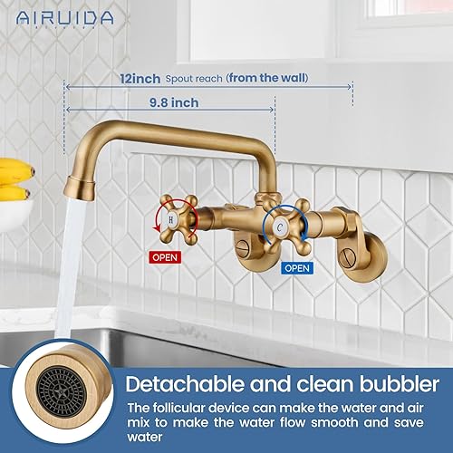 Vista 77 de Airuida Grifo de cocina de níquel cepillado para montaje en pared, boquilla de 8 pulgadas, montaje en pared, grifo de fregadero de lavandería