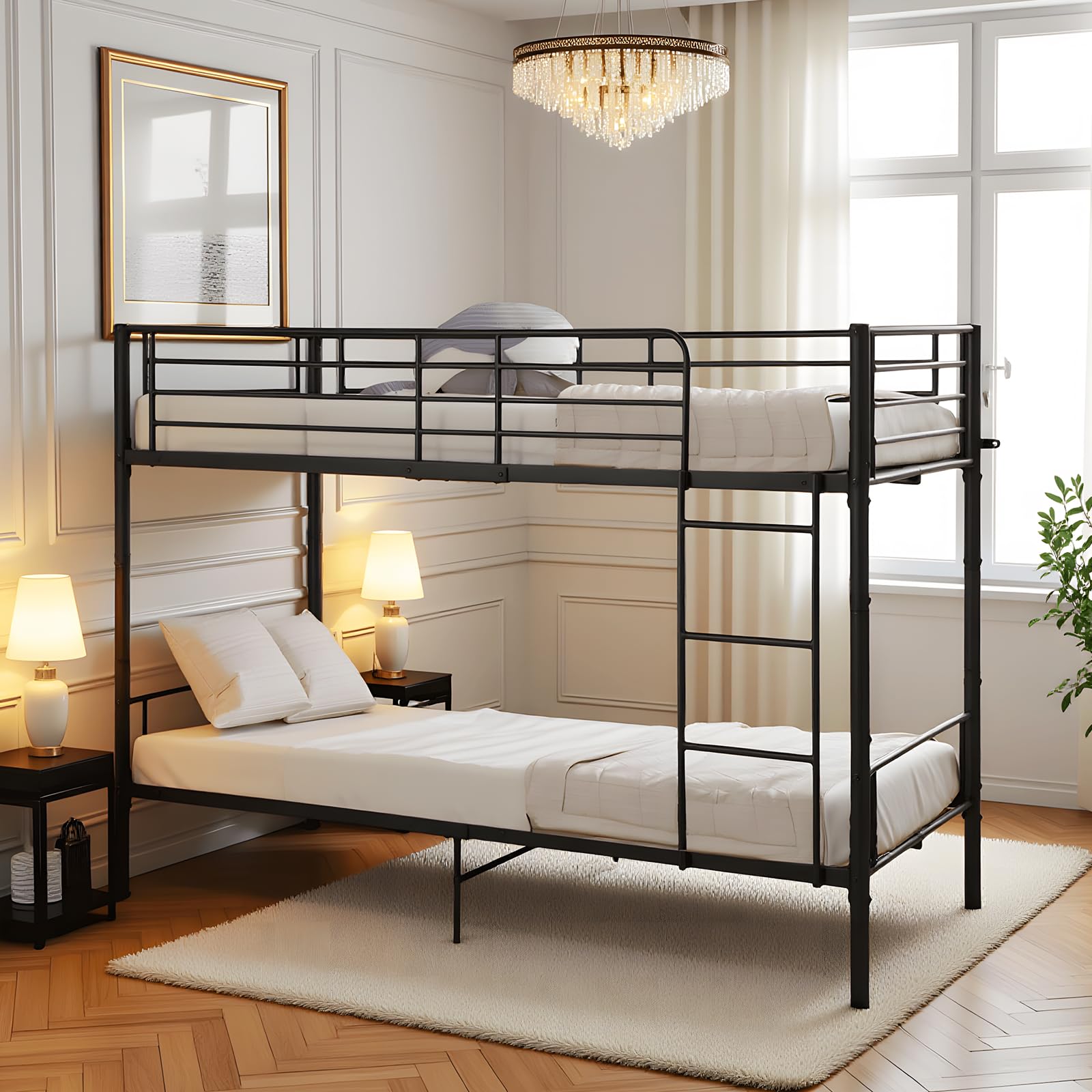 Letto a Castello Metallo 2 Posti Strutture Letti per Adulti con Rete a Doghe, Barriera Anticaduta 90 x 200 cm - Nero