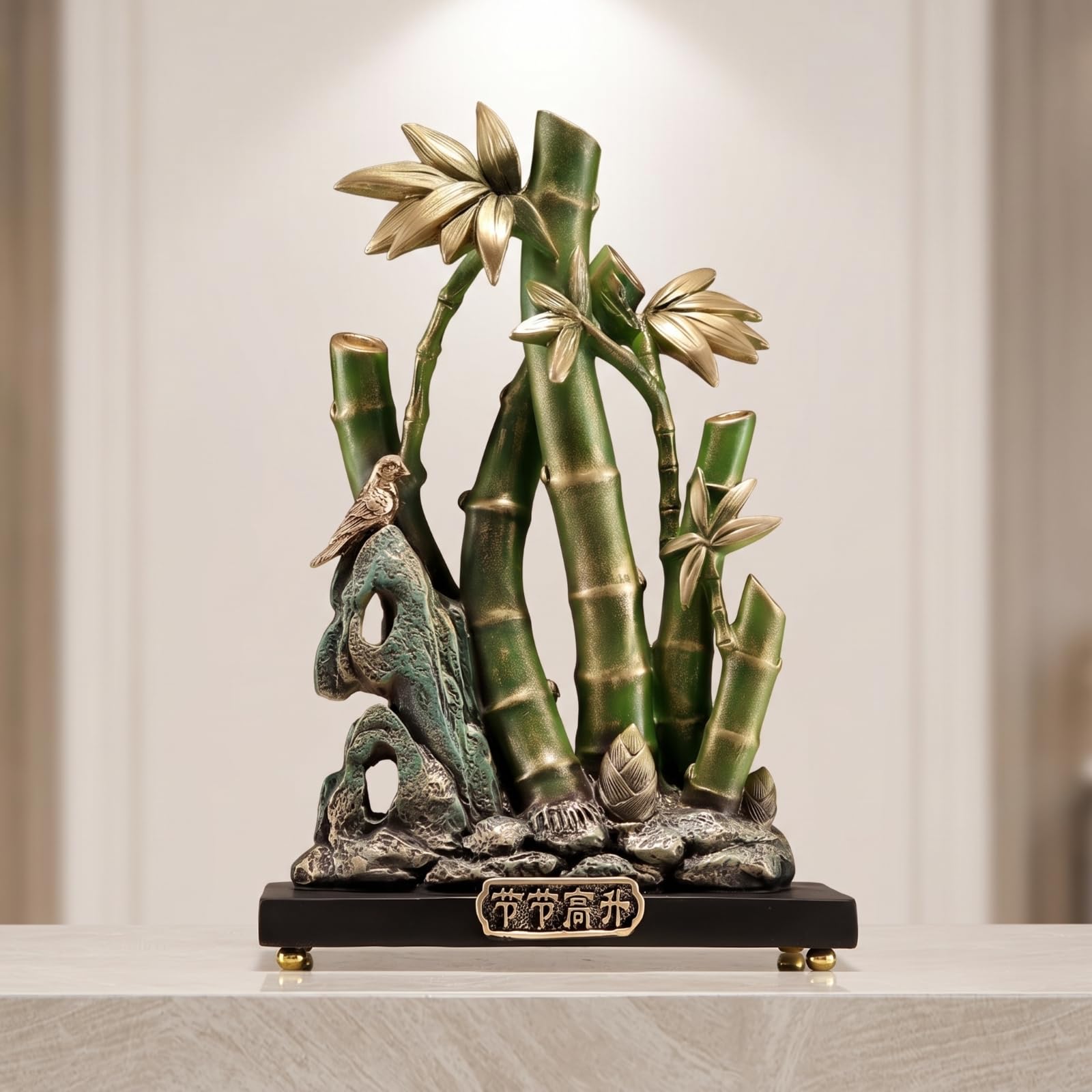 Escultura Bambú con Pájaro Exquisita Figura Pájaro Resina Figura con Base para Recibidor, Oficina