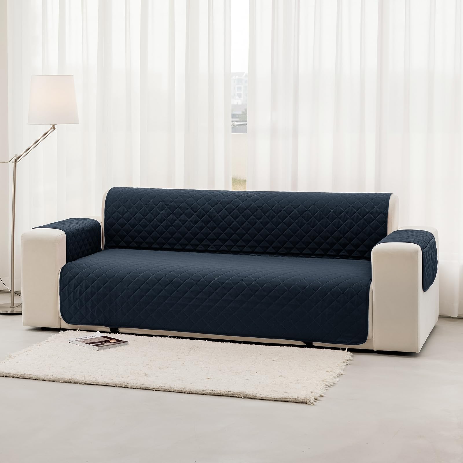 Waterproof Sofa Cover 3 Seater 170 cm, Anti Cat Sofa Covers with Arms, Universal Reversible Sofa Protector, Blue