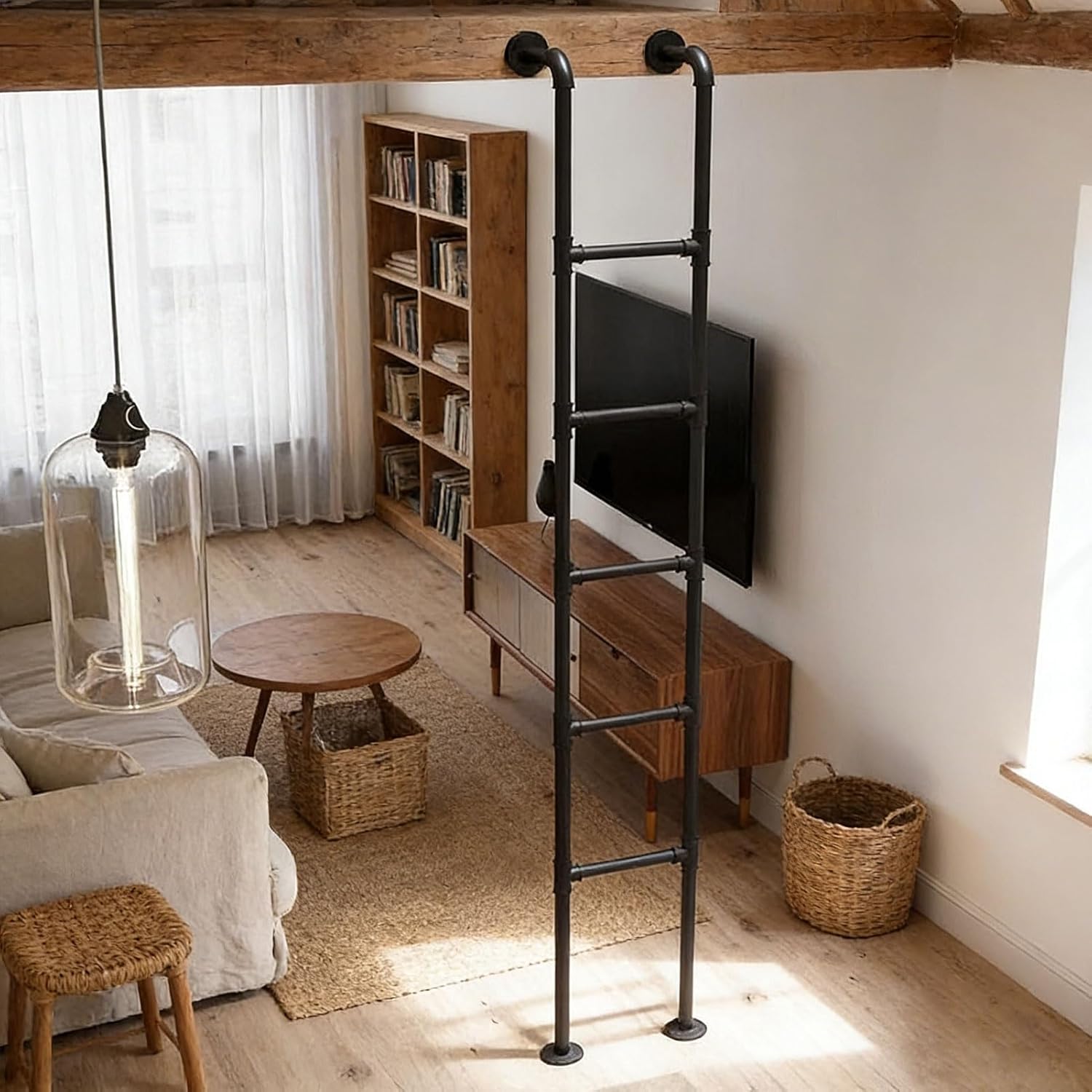 Universal 47in Industrial Wall-Mounted Attic Loft Ladder - Durable Wrought Iron Egress Ladder for Basement, Library & Deck Access - Space-Saving Step Solution
