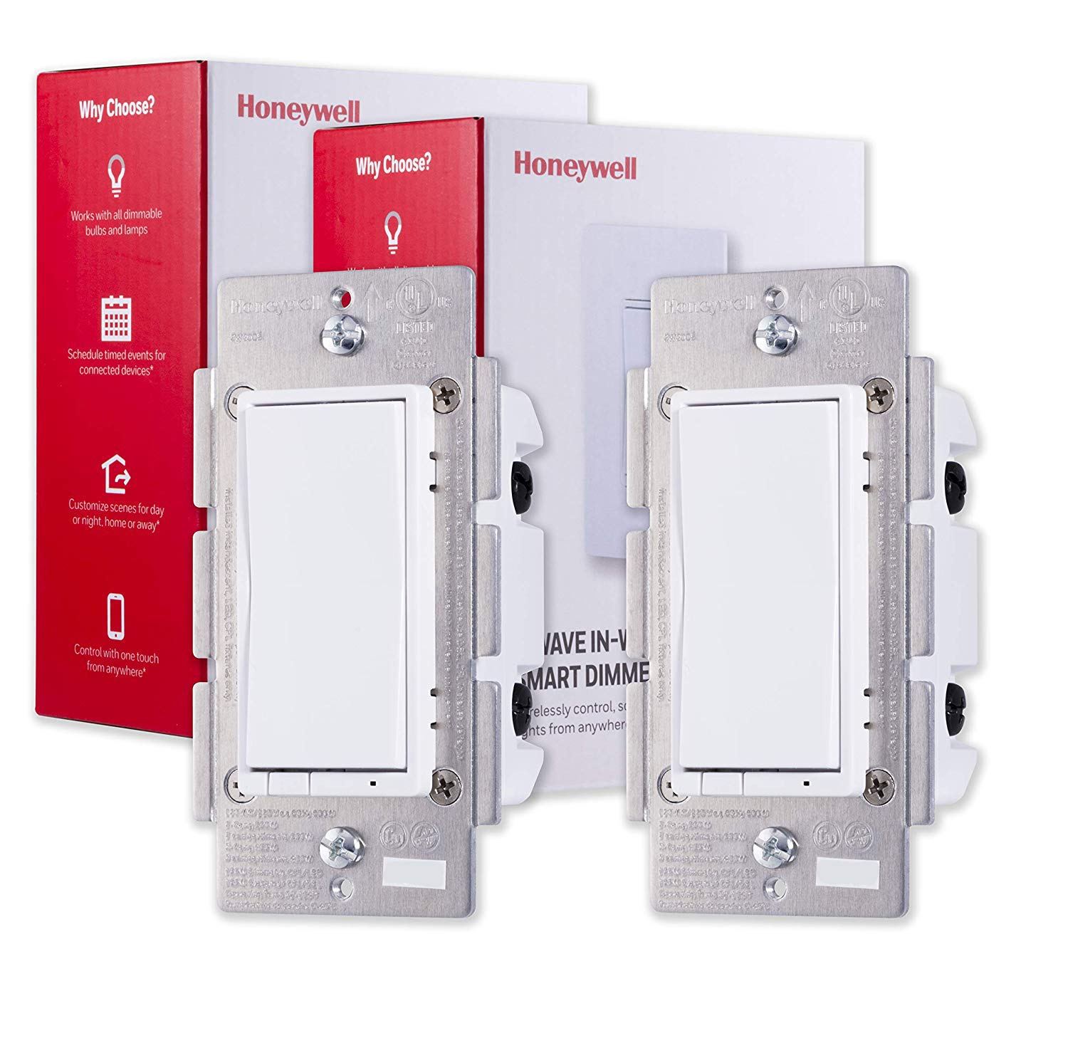Honeywell 2 Pack - Honeywell Z-Wave Plus Smart Light Dimmer Switch, In-Wall Paddle, White and Lt. Almond, Built-In Repeater and Range Extender, ZWave Hub Required, SmartThings, Wink, Alexa Compatible, 44947