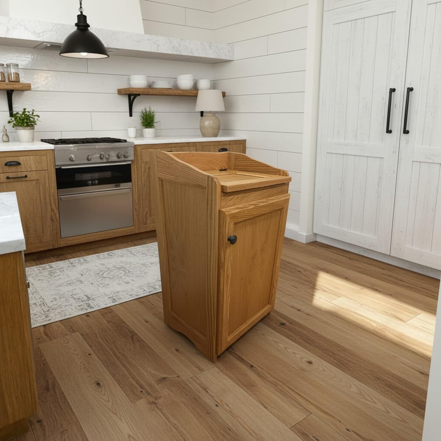 Wood Wastebasket, Kitchen Organizer Storage, Trash Can. Medium Oak Color