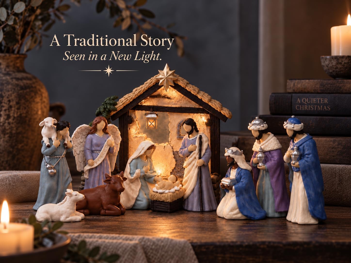 13-Piece Blue Nativity Set Indoor, Lighted Manger for a Holy Night Scene