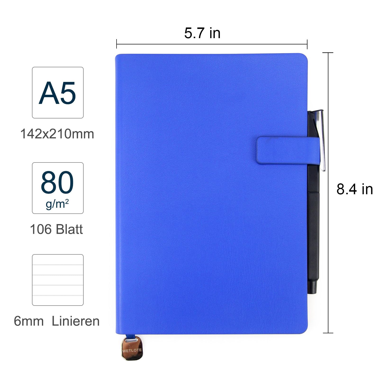 WETLOTE A5 Notebook, Softcover Journal, 212 Pages, Lined Paper with Closure, Ribbon Bookmark & Inner Pocket, for School, Office & Travel, 14 x 21 cm Dark Blue - Image 2