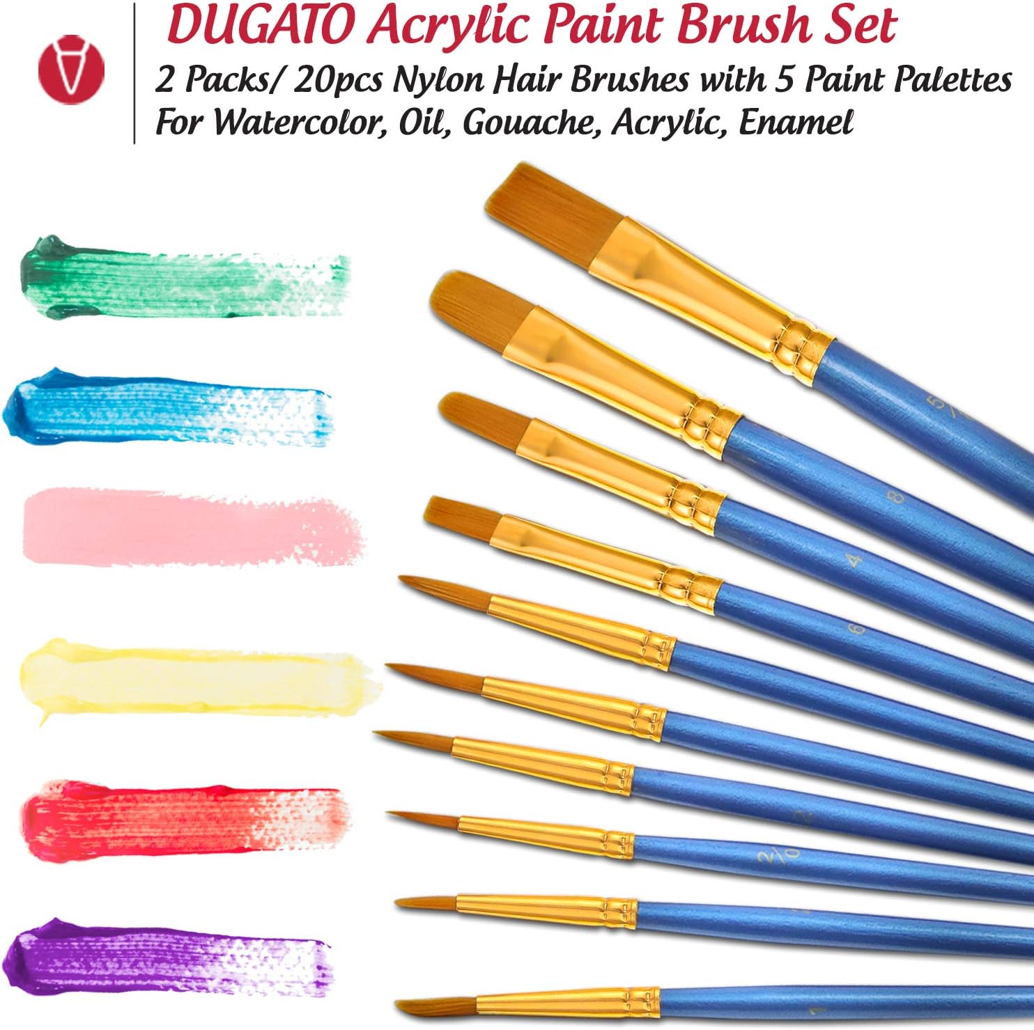 Paint Brushes Palettes Set by DUGATO, 2 Packs/20pcs Round Pointed Tip Nylon Hair Brushes with 5 Paint Trays for Acrylic Watercolor Oil Gouache Tempera and Body Painting