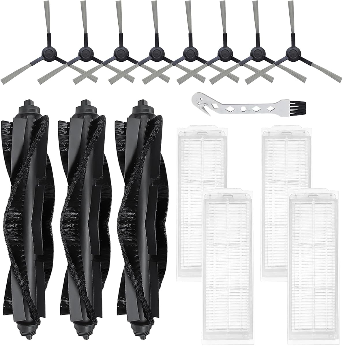 Piezas de repuesto WVCR200S para accesorios de repuesto de aspiradora Robot WYZE | con 3 cepillos giratorios principales, 8 cepillos laterales, 4 filtros Hepa, 1 herramienta de limpieza