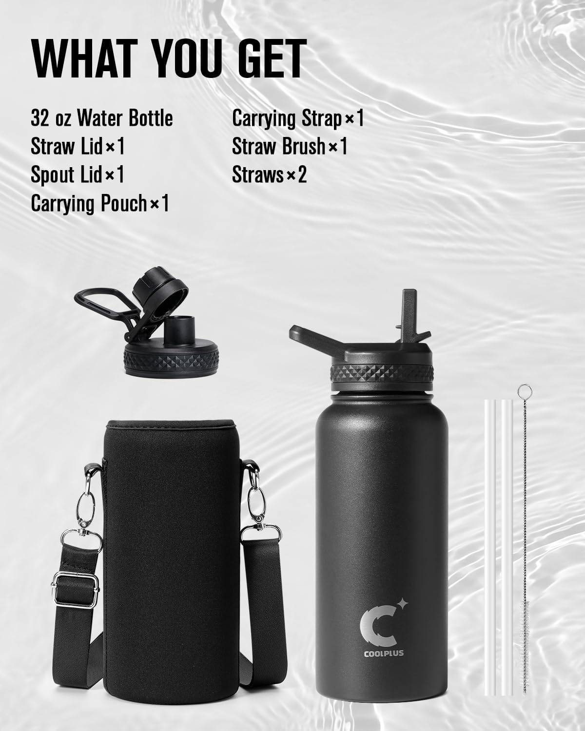 Coolplus 32 oz Water Bottle Insulated, Stainless Steel Water Flask With Straw Metal Double-Walled Vacuum With Carry Sleeve Leakproof, Keep Cold 48 Hrs Hot 24hrs, Black - Image 7