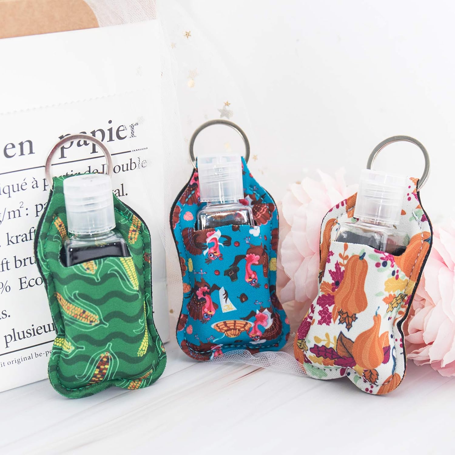 SUBANG 20 Pieces Empty Travel Size Bottle and Keychain Holders Set Include 10 Pieces 30 ML Flip Cap Containers Reusable Travel Bottles, 10 Pieces Keychain Bottle Holders, Thanksgiving StyleA