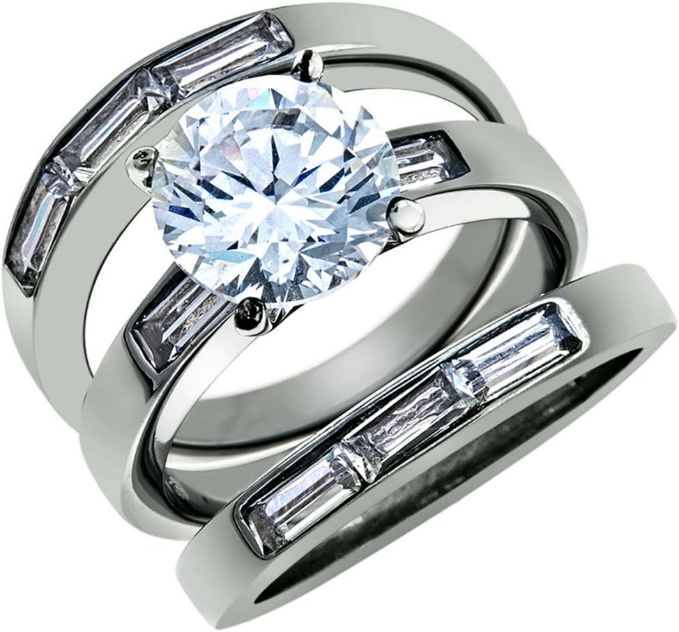 Marimor Jewelry 4.35 Carat Cubic Zirconia Stainless Steel Engagement Wedding Ring 3 Piece Set Size 5-10
