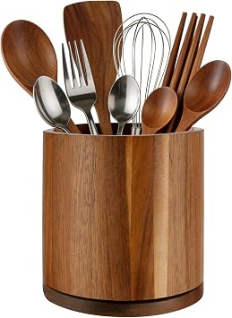 Acacia Wood Utensil Holder 360Rotating Anti-Tip Design for Kitchen Counter,Cooking Utensil Crock for Countertop , Large Utensil Organizer for Spatula