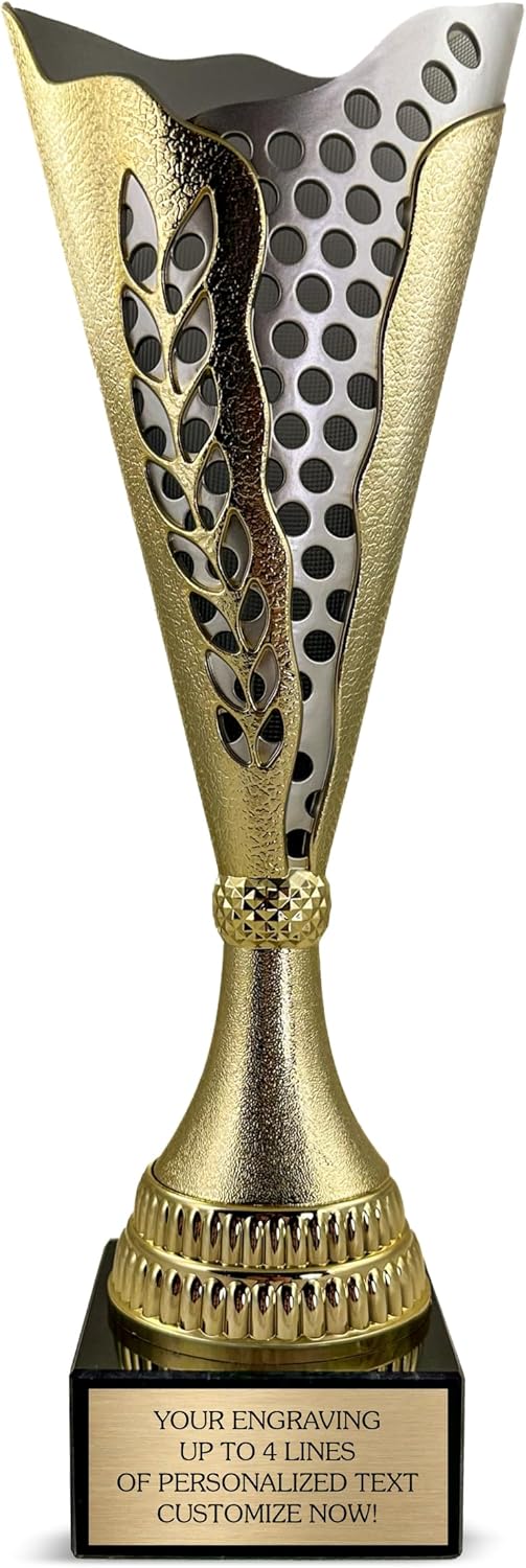 Large Custom Trophy Cup 14” Tall - Customized Engraved Gold & Silver Award for Soccer, Golf, Basketball, Baseball, Pickleball, Cornhole, MVP or First Place - Football Trophy with Personalized Plate