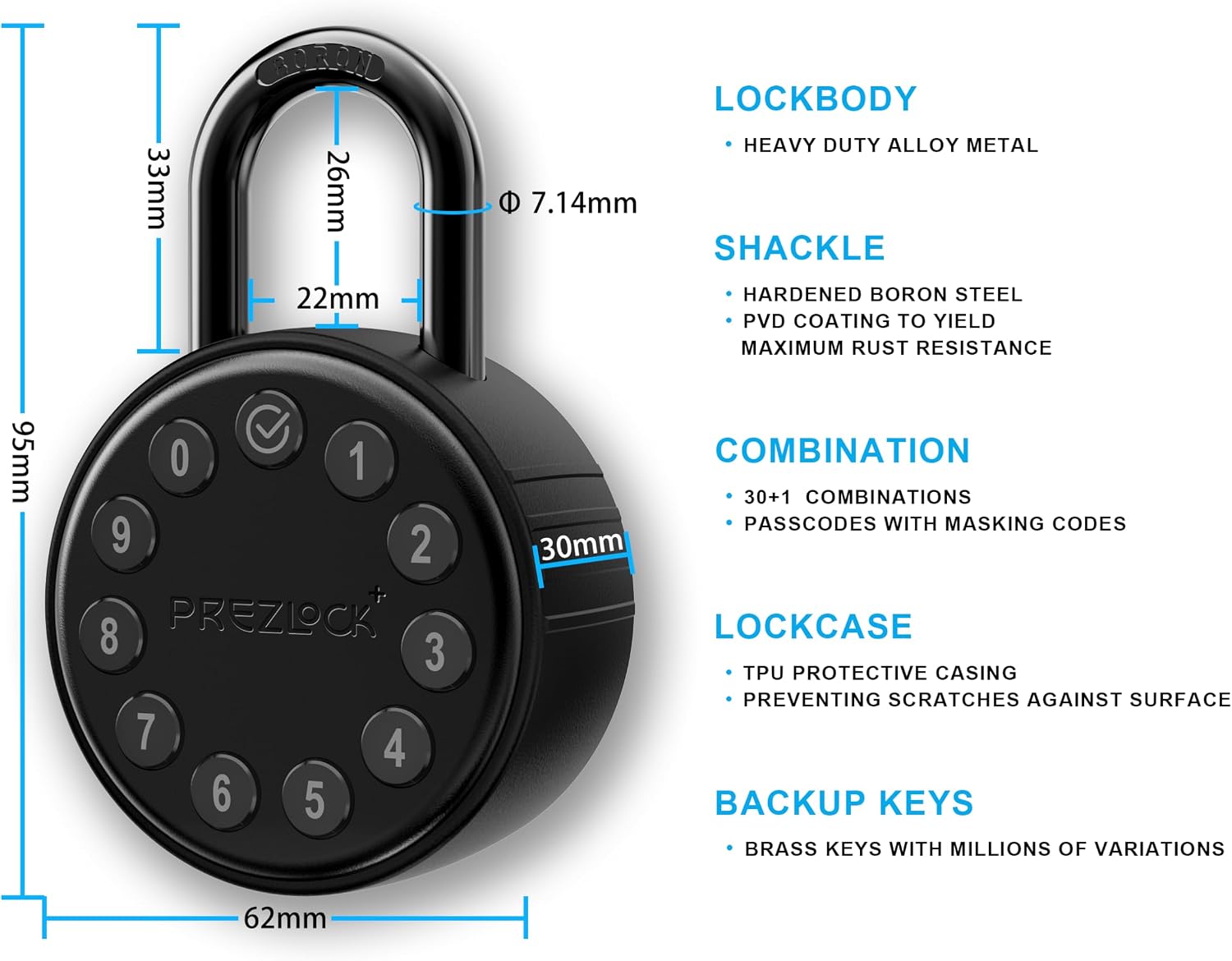 Smart Electronic Combination Padlock with Key Backup, Suitable for Outdoor and Heavy Duty uses, Water Resistant, IP65 Weatherproof.