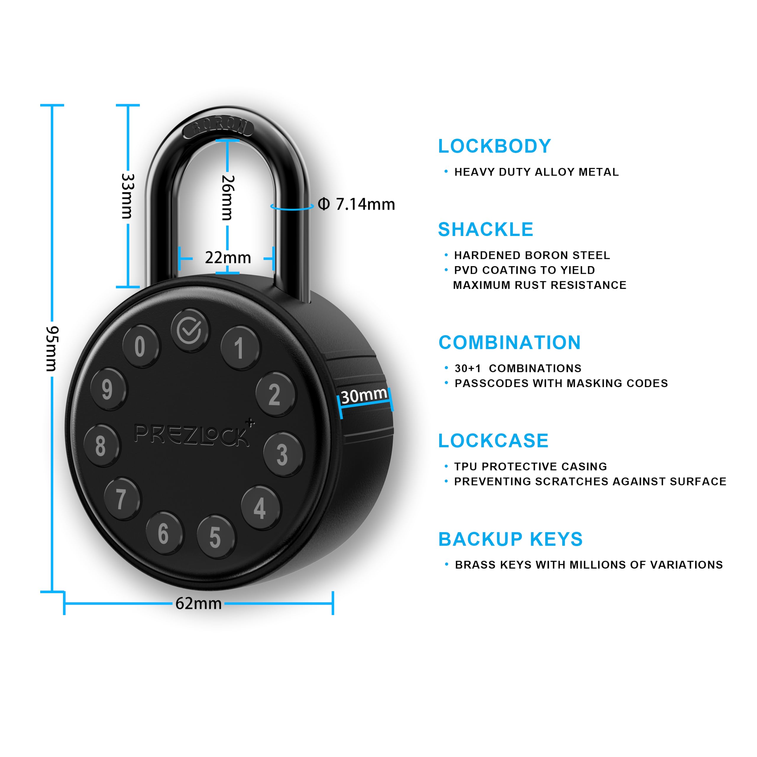 Cadenas électronique intelligent à combinaison avec clé de secours, adapté pour une utilisation en extérieur et intensif, résistant à l'eau, IP65 résistant aux intempéries.