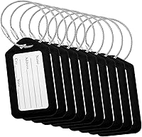 BlueCosto Black Luggage Tags 10 Pack - Durable PVC Suitcase Tags with Privacy Flap & Heavy-Duty Metal Wire Loops for Easy Travel ID