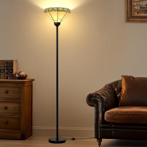 Floor Lamp with Stained Glass Shade, Vintage Style Torchiere Standing Lamp, Tall