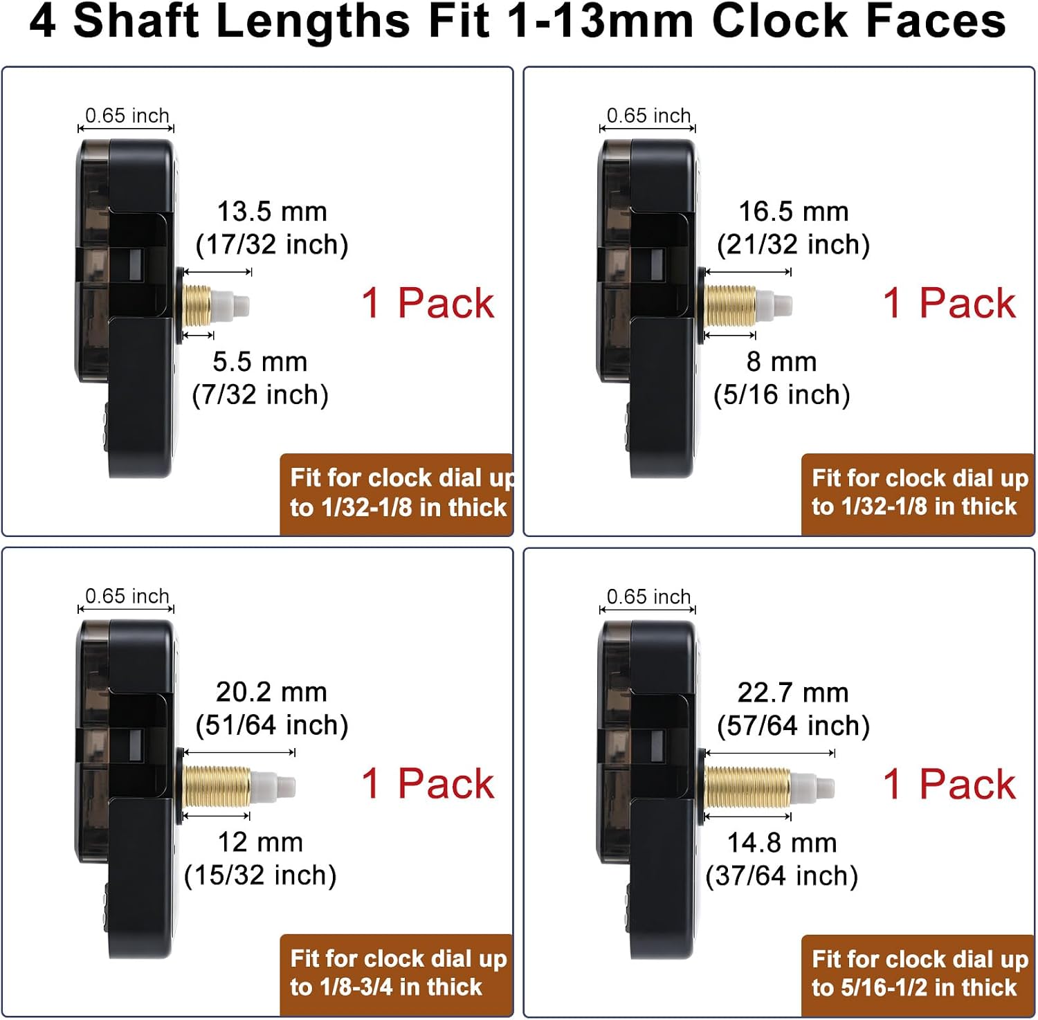 4 Set Silent Quartz Clock Movement Mechanism Kit, 4 Pairs Hands 4 Shaft Lengths 13.5-23 mm, DIY Clock Replacement for 1-13 mm Faces & 8-14 Inch Clocks, Battery Operated Non-Ticking (Gold)
