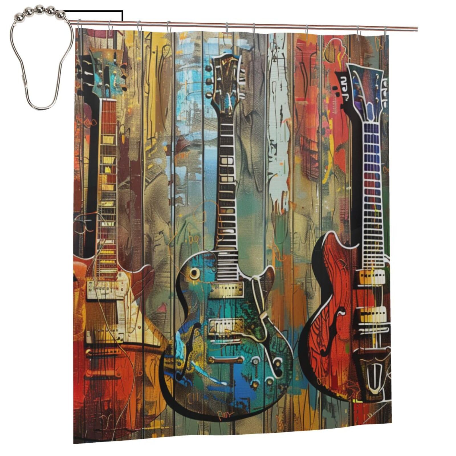 BWWHCCTI guitars art Printed Shower Curtain With 12 Iron Hooks Opaque Quick Drying Waterproof Shower Curtains Sets For Bathroom 152x183 Cm
