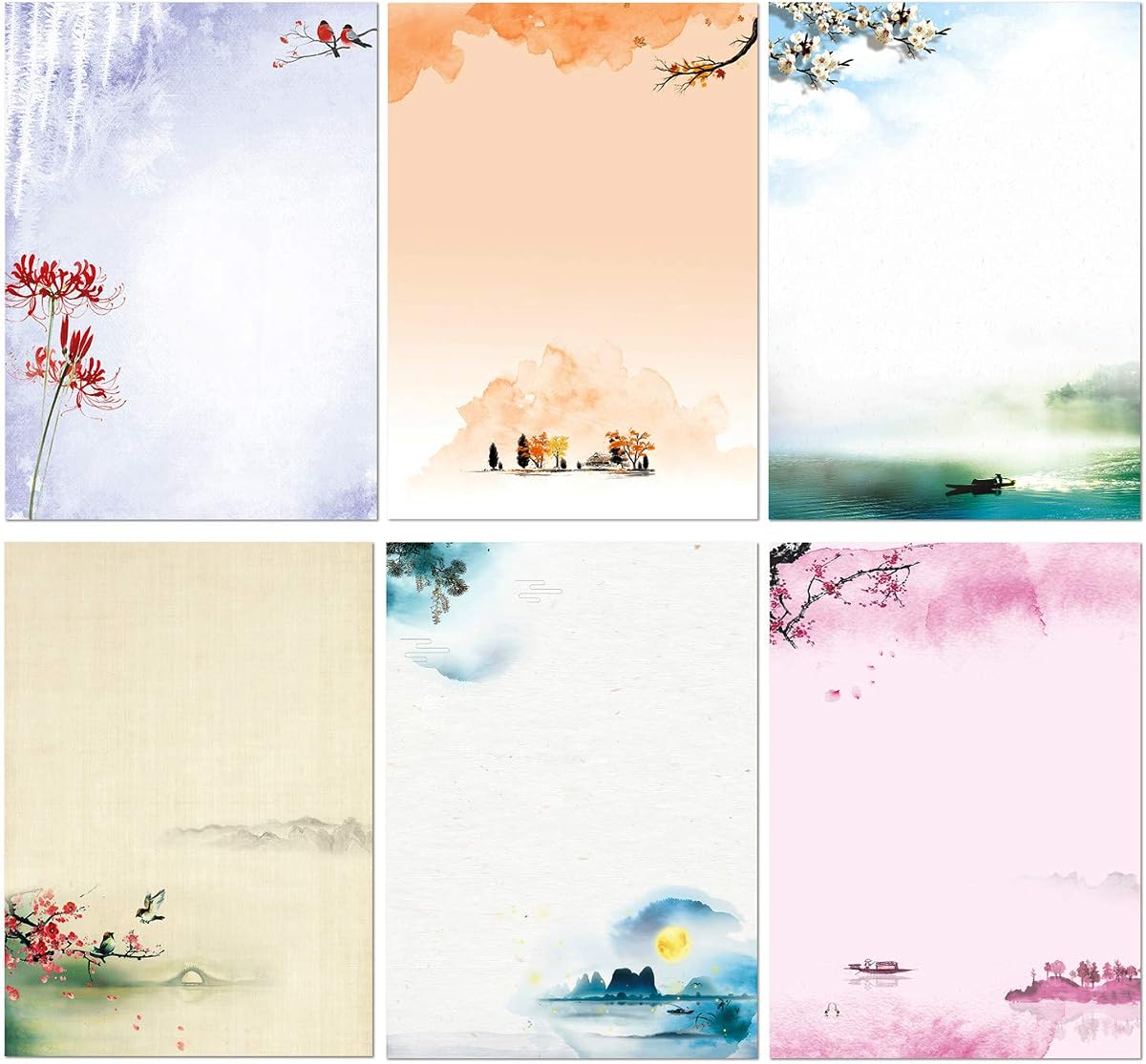 Juego de papelería Papelería japonesa Papel para escribir cartas, paquete de 48 Papel estacionario y sobres Juego de diseño de pintura con tinta - 48 papeles estacionarios + 24 sobres