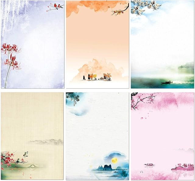 KiDEPOCH Writing Letter Paper 48 Sheet & Self-Sealing Envelops 24pc, Printer Friendly, 6 Assorted Japanese Style