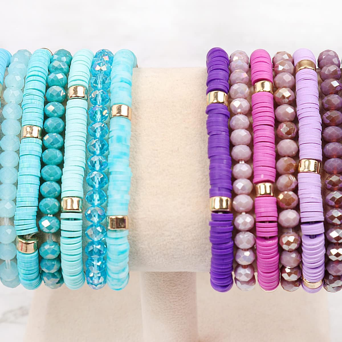 RIAH FASHION Bohemian Multi-Layer Beaded Stacking Statement Bracelets - Versatile Strand Stretch Sparkly Crystal Beads Wrap Slip-on Cuff Bangle Set