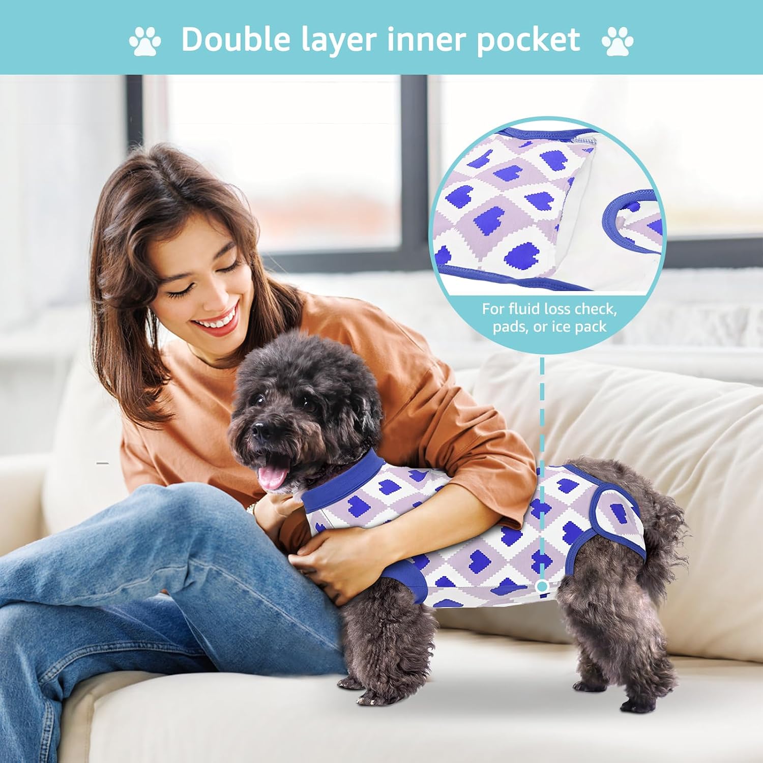 Medium Dog Surgery Recovery Suit Male/Female with Pee Hole, Unisex Pet Surgical Vest for Wound Care, Spay/Neuter Healing(Blue Heart)
