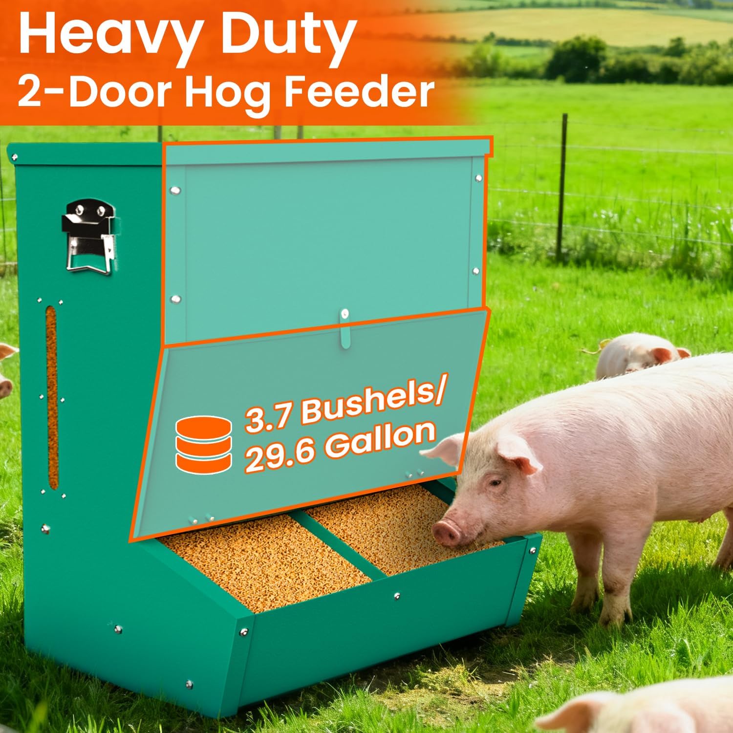 Pig Feeder, 2-Door Heavy Duty Galvanized Steel Hog Feeder,3.7 Bushels Capacity,Outdoor Pig Feeders with Visable Feed Design, Livestock Feeder for Barn, Farm, Feeding up to 5 Small Hogs, Green