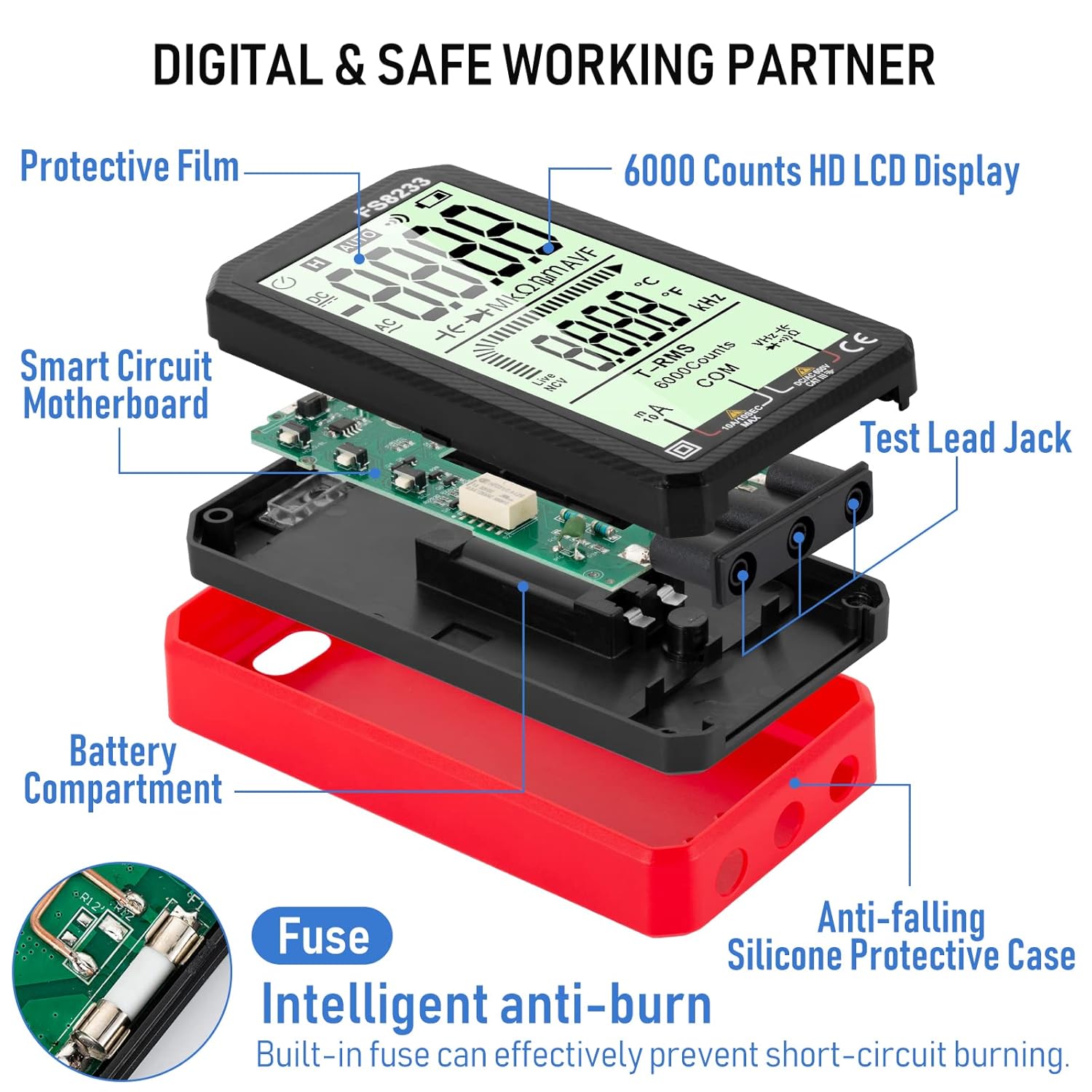 Digital Multimeter - WOOKLEA Auto-Ranging Volt Tester 6000 Counts TRMS 4.8'' Display | Accurately Fast Measures Voltage Current Capacitance Continuity Resistance Temperature Diodes NCV (Red)